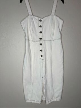 Zara Women's Cream Denim Button Front Contrast Stitch Sleeveless Dress Size Larg